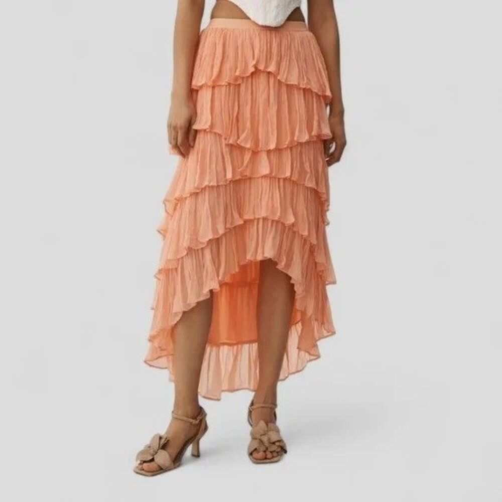 By Anthropologie Tiered Ruffle High-Low Midi Skirt Flowy Solid Vacation S 285392